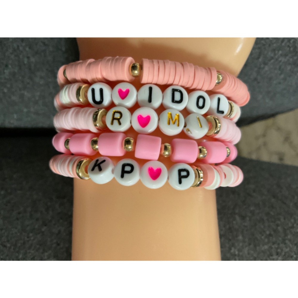 K-Pop Idol Inspired Pink Heishi Bead Bracelet Stack Set of 5 U IDOL ROMI KPOP